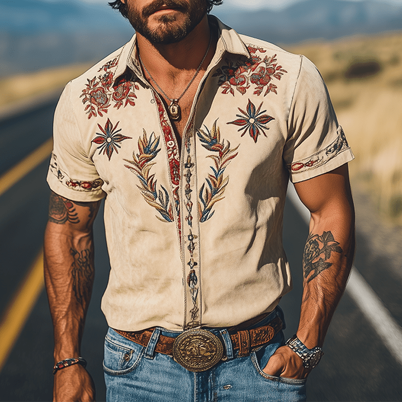 Men's Retro Western Suede Embroidered Short Sleeve Shirt - Lexians