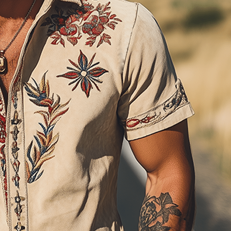 Men's Retro Western Suede Embroidered Short Sleeve Shirt - Lexians