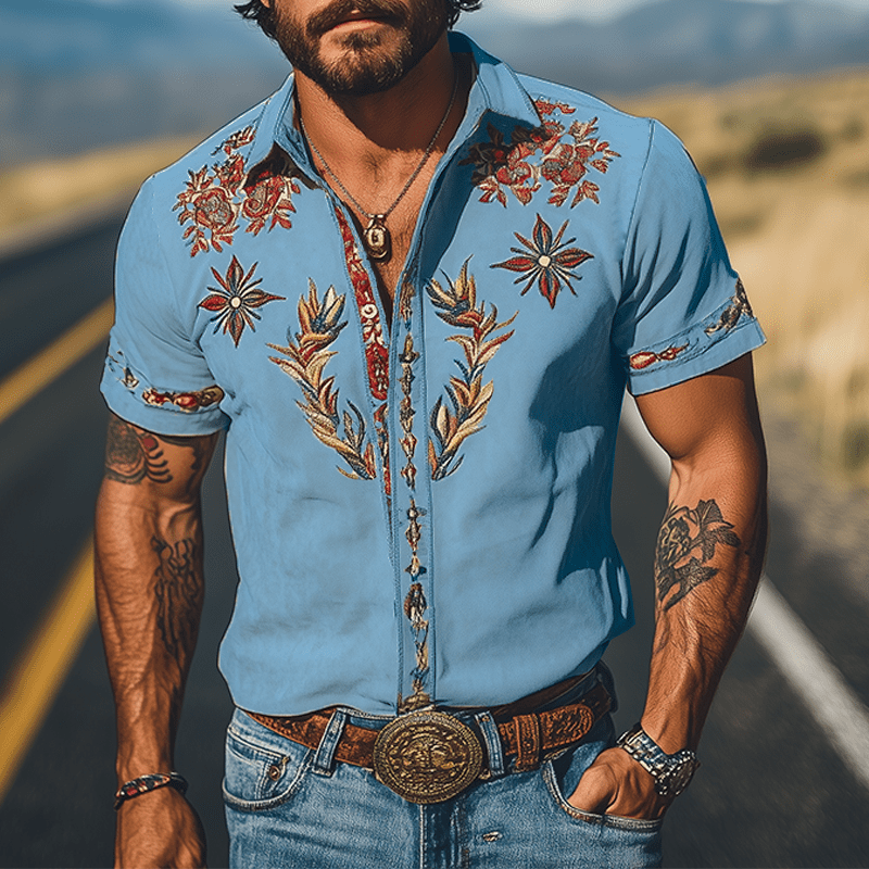 Men's Retro Western Suede Embroidered Short Sleeve Shirt - Lexians