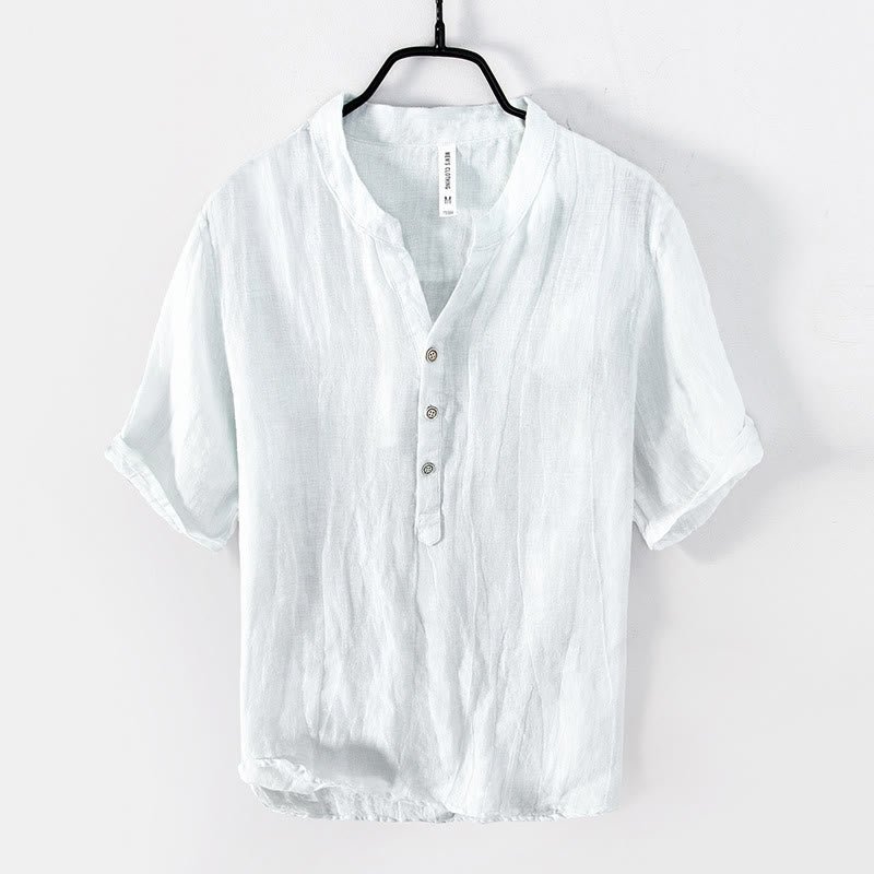 Men's Short Sleeve Cotton Linen Half Button Shirt - Lexians