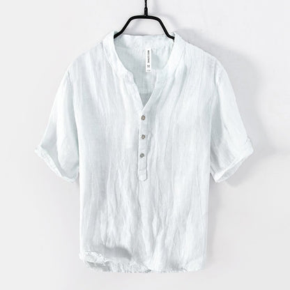 Men's Short Sleeve Cotton Linen Half Button Shirt - Lexians