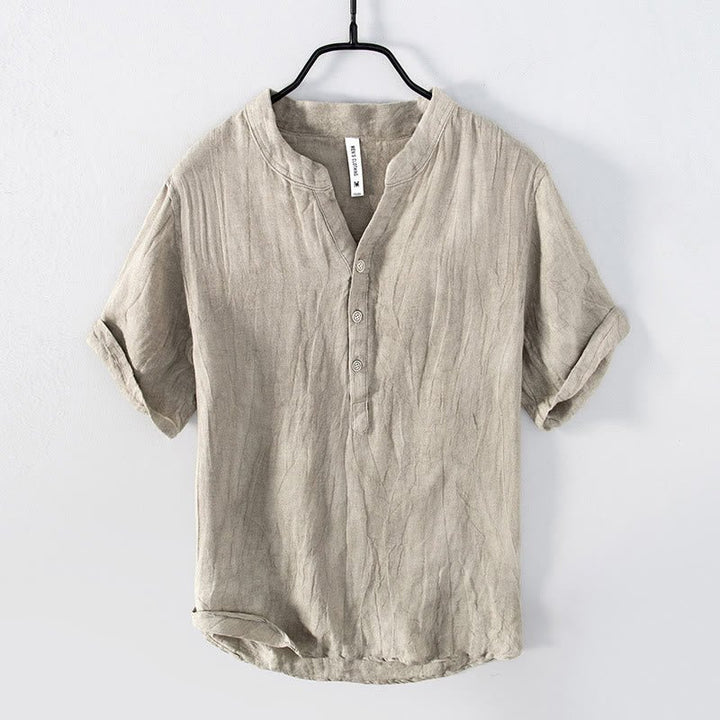 Men's Short Sleeve Cotton Linen Half Button Shirt - Lexians