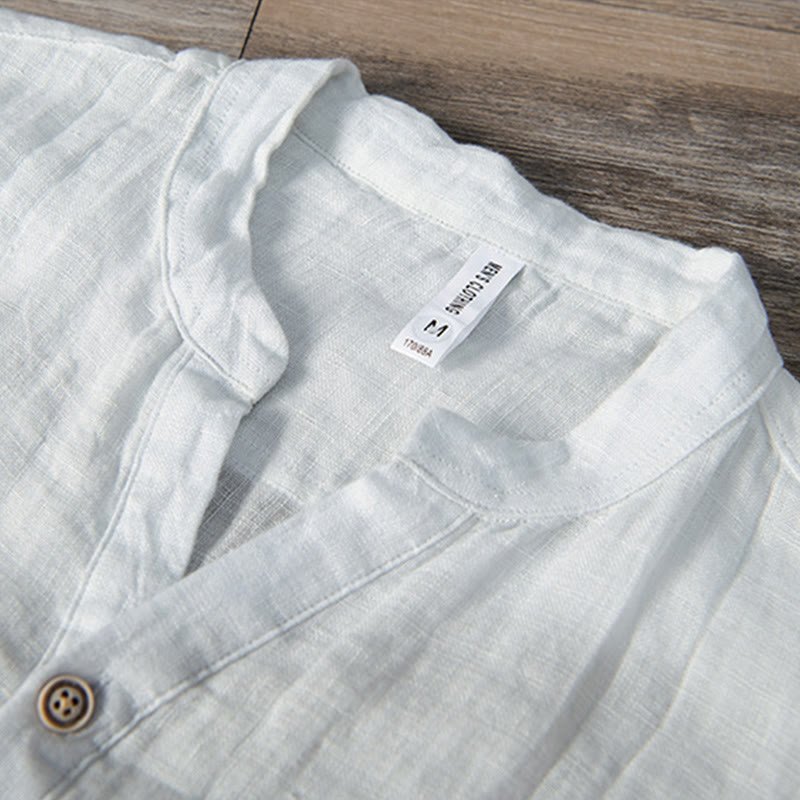 Men's Short Sleeve Cotton Linen Half Button Shirt - Lexians