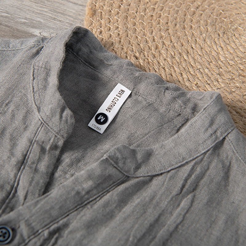 Men's Short Sleeve Cotton Linen Half Button Shirt - Lexians