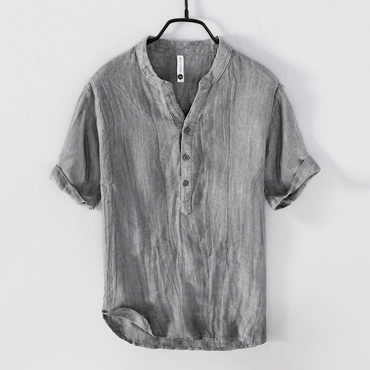 Men's Short Sleeve Cotton Linen Half Button Shirt - Lexians