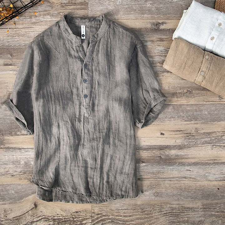 Men's Short Sleeve Cotton Linen Half Button Shirt - Lexians