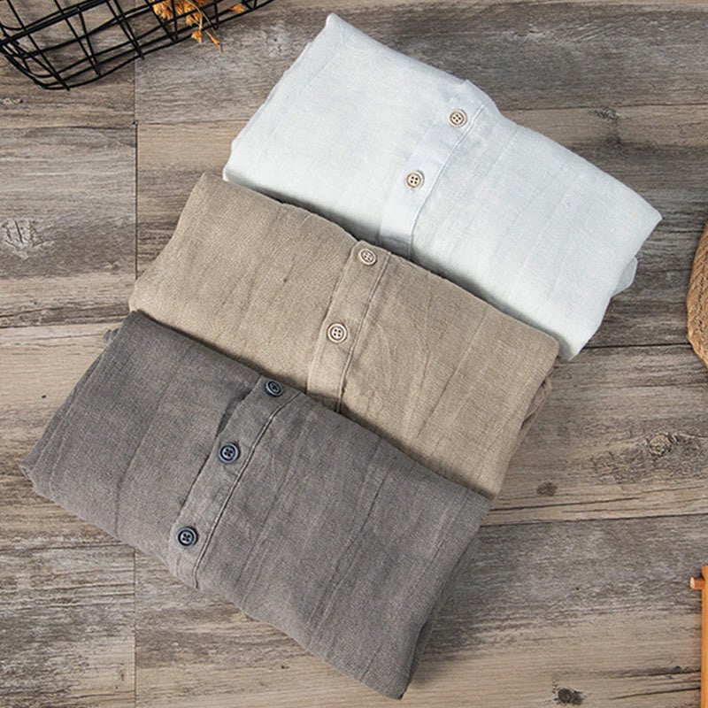 Men's Short Sleeve Cotton Linen Half Button Shirt - Lexians
