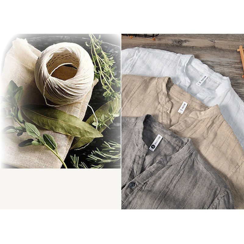 Men's Short Sleeve Cotton Linen Half Button Shirt - Lexians