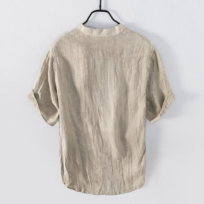 Men's Short Sleeve Cotton Linen Half Button Shirt - Lexians