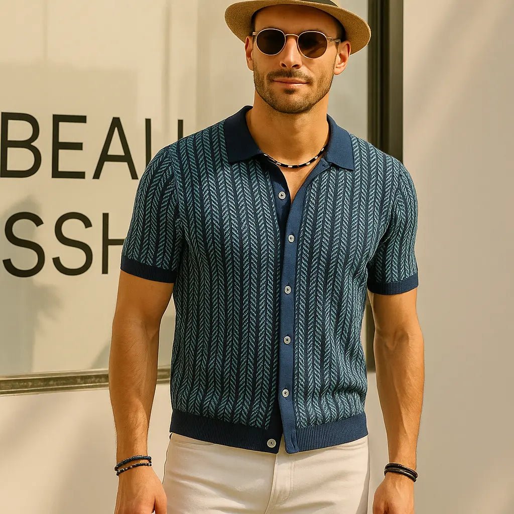 Men's Slim Fit Button Down Polo with Herringbone Pattern - Lexians