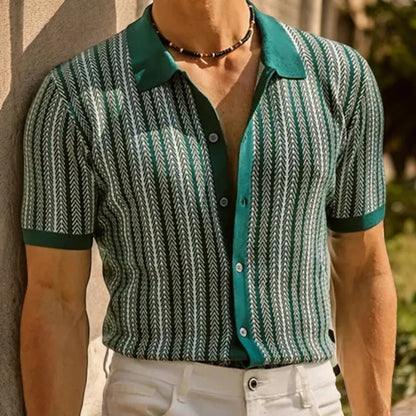 Men's Slim Fit Button Down Polo with Herringbone Pattern - Lexians