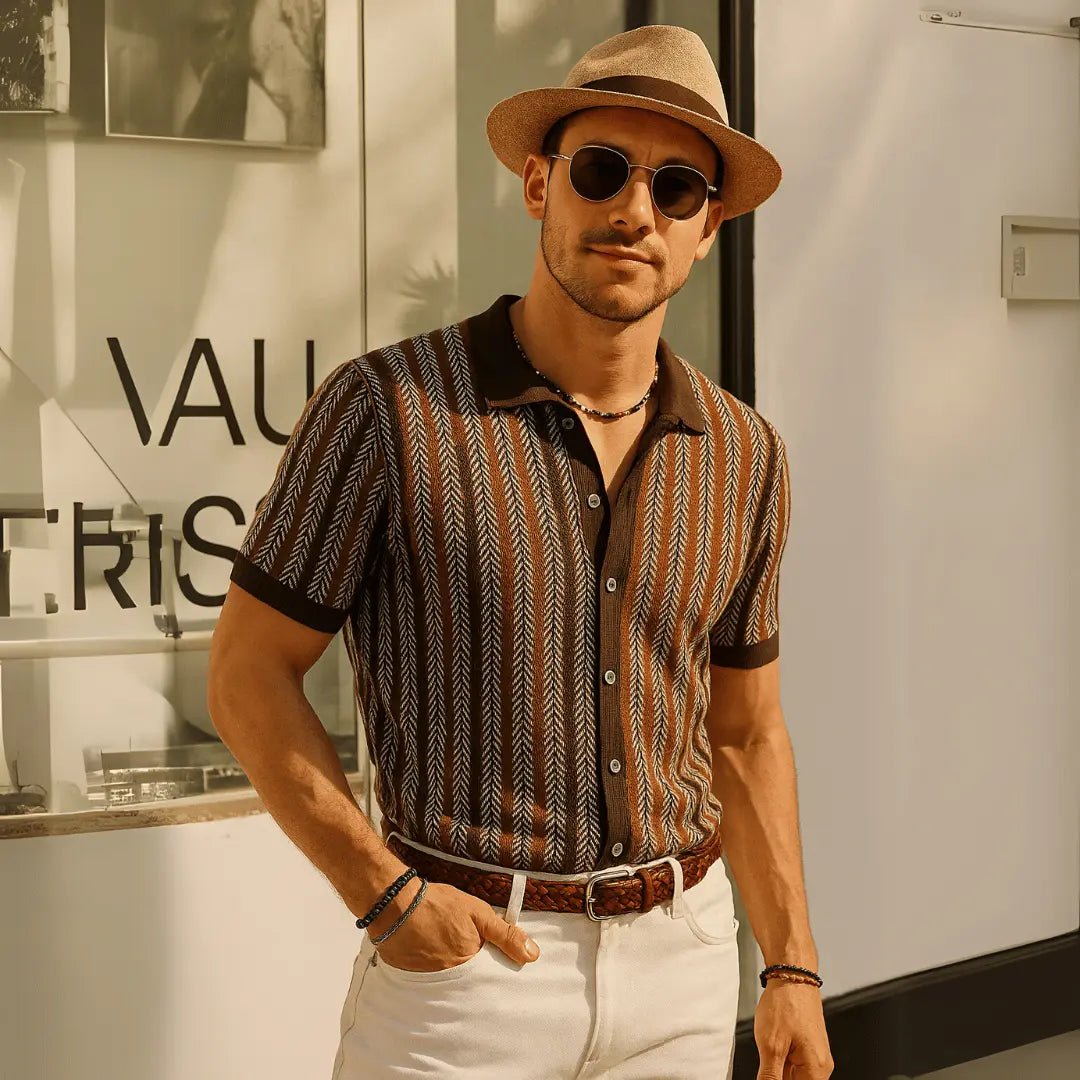 Men's Slim Fit Button Down Polo with Herringbone Pattern - Lexians