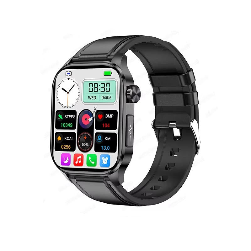 "Men's smartwatch with health monitoring, sleek alloy frame, bright display, and SOS feature for seniors' daily wellness."