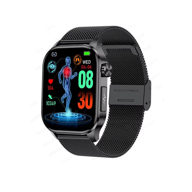 "Men's smartwatch with health monitoring, sleek alloy frame, bright display, and SOS feature for seniors' daily wellness."