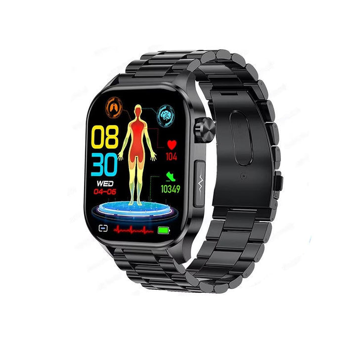 "Men's smartwatch with health monitoring, sleek alloy frame, bright display, and SOS feature for seniors' daily wellness."