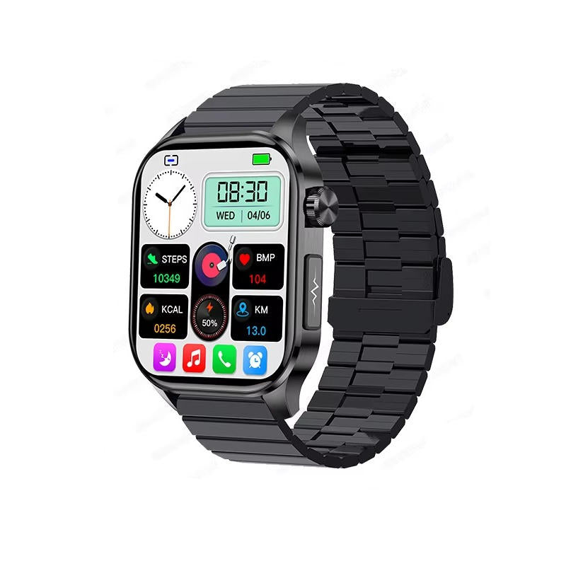 "Men's smartwatch with health monitoring, sleek alloy frame, bright display, and SOS feature for seniors' daily wellness."