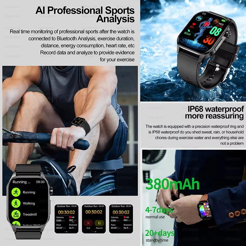 "Men's smartwatch with health monitoring, sleek alloy frame, bright display, and SOS feature for seniors' daily wellness."