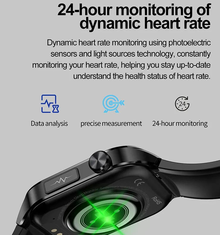 "Men's smartwatch with health monitoring, sleek alloy frame, bright display, and SOS feature for seniors' daily wellness."