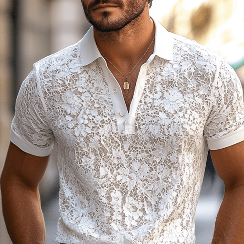 Men's Solid Lace Lapel Short Sleeve Casual Polo Shirt - Lexians