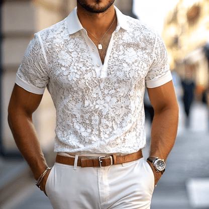 Men's Solid Lace Lapel Short Sleeve Casual Polo Shirt - Lexians