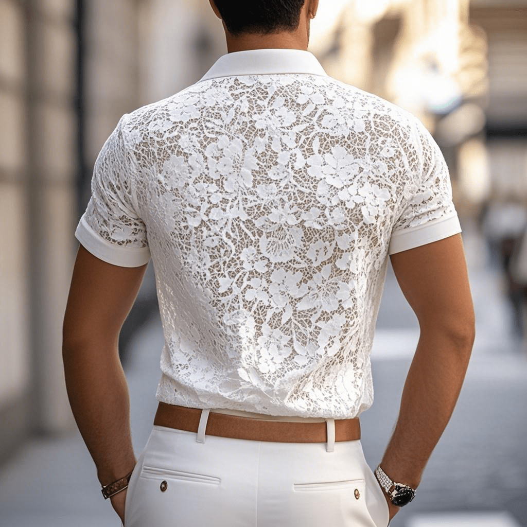 Men's Solid Lace Lapel Short Sleeve Casual Polo Shirt - Lexians