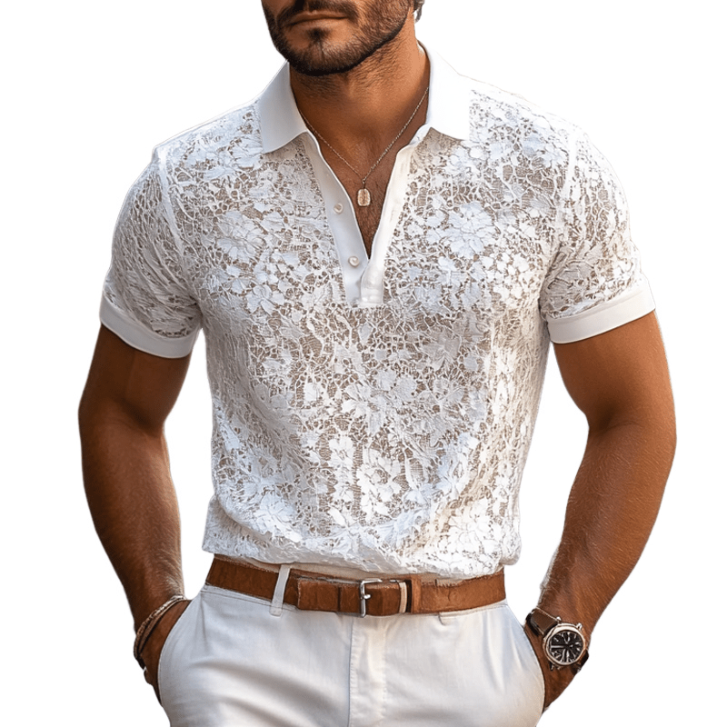 Men's Solid Lace Lapel Short Sleeve Casual Polo Shirt - Lexians