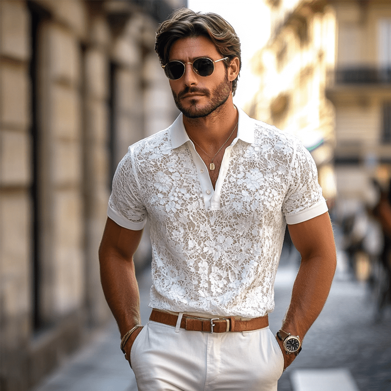 Men's Solid Lace Lapel Short Sleeve Casual Polo Shirt - Lexians