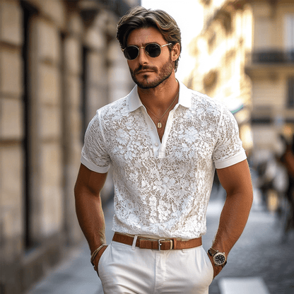 Men's Solid Lace Lapel Short Sleeve Casual Polo Shirt - Lexians