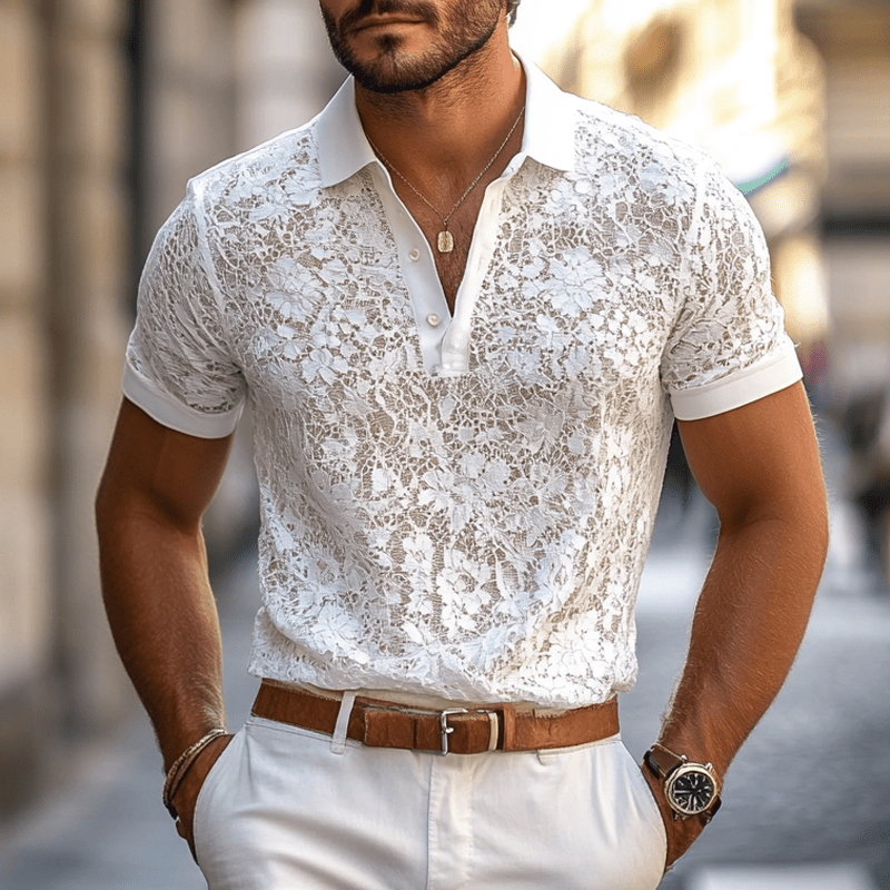 Men's Solid Lace Lapel Short Sleeve Casual Polo Shirt - Lexians