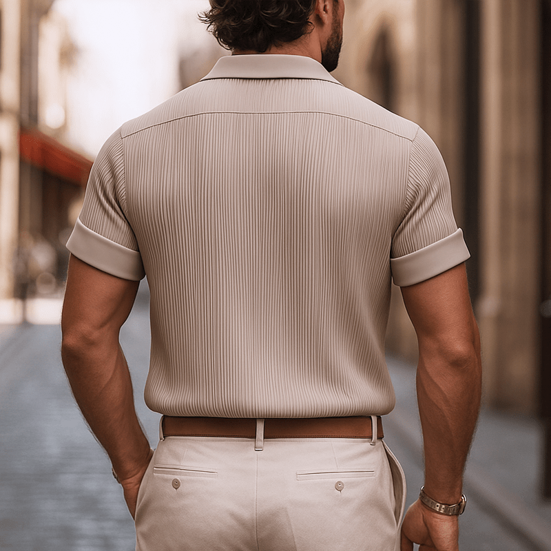 Men's Solid Satin Pleated Lapel Short Sleeve Shirt - Lexians