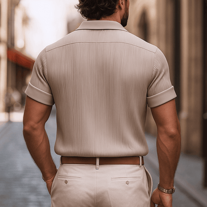 Men's Solid Satin Pleated Lapel Short Sleeve Shirt - Lexians