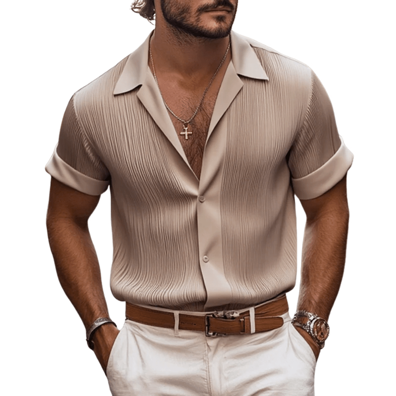 Men's Solid Satin Pleated Lapel Short Sleeve Shirt - Lexians