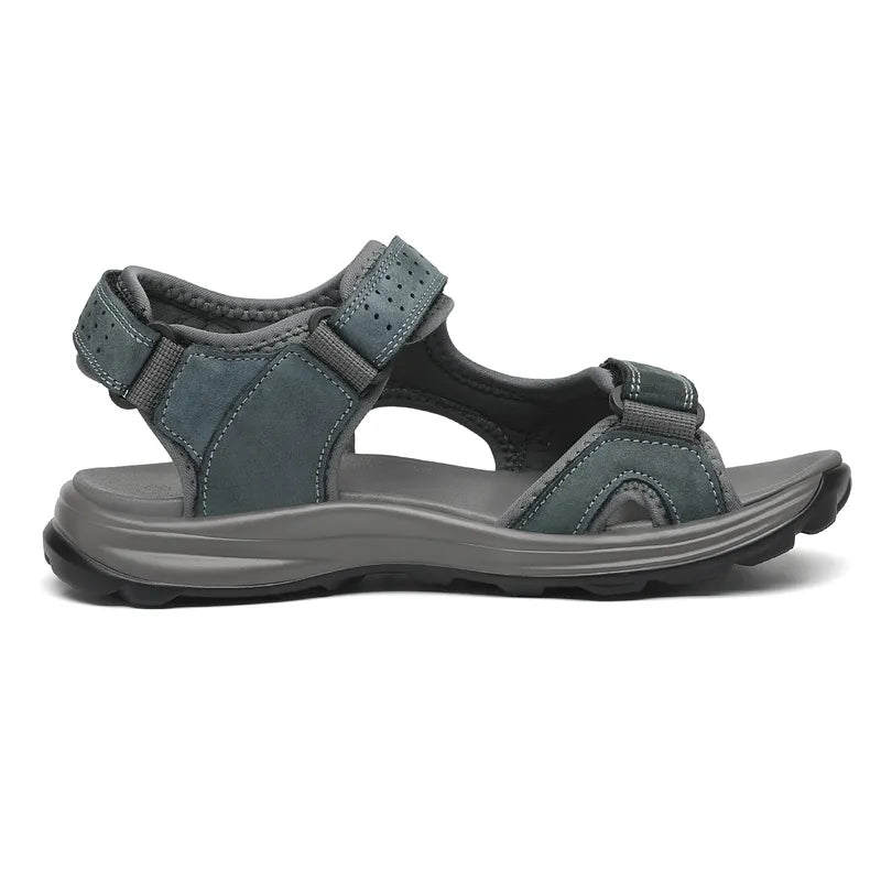 "Men's sport hiking sandals with anti-slip PU sole, black, open-toe, adjustable straps, breathable leather and mesh."