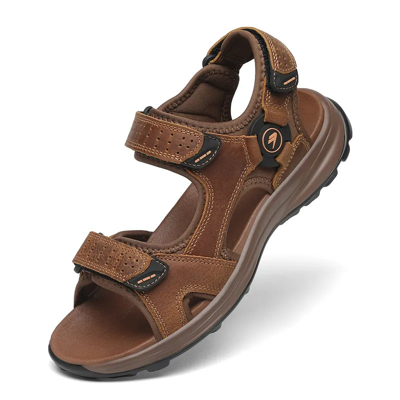 "Men's sport hiking sandals with anti-slip PU sole, black, open-toe, adjustable straps, breathable leather and mesh."