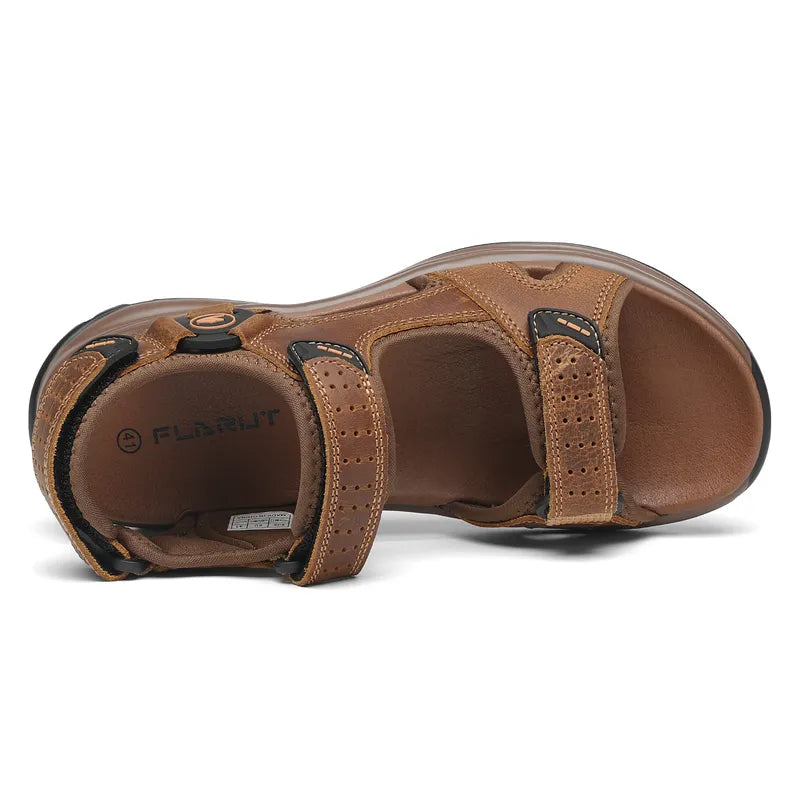 "Men's sport hiking sandals with anti-slip PU sole, black, open-toe, adjustable straps, breathable leather and mesh."