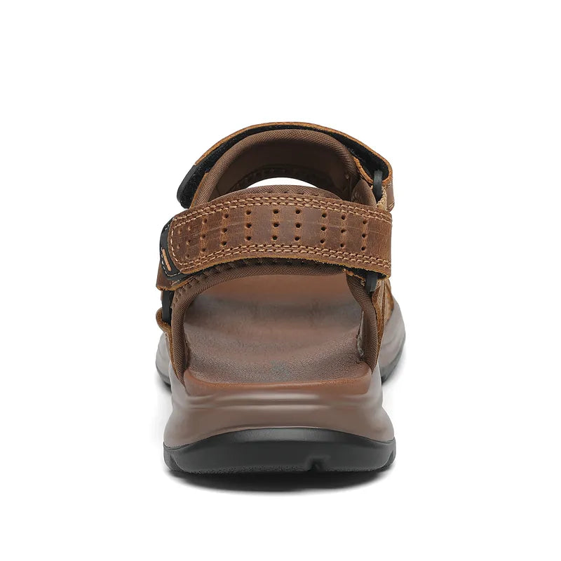 "Men's sport hiking sandals with anti-slip PU sole, black, open-toe, adjustable straps, breathable leather and mesh."