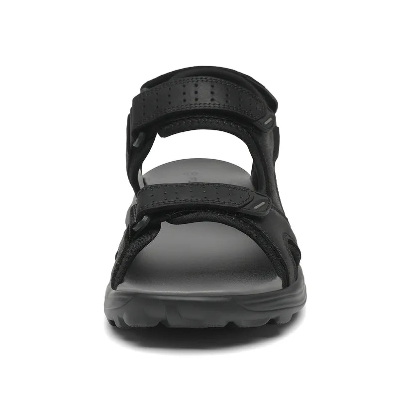 "Men's sport hiking sandals with anti-slip PU sole, black, open-toe, adjustable straps, breathable leather and mesh."