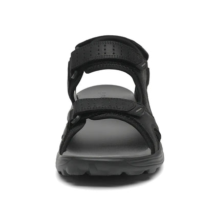"Men's sport hiking sandals with anti-slip PU sole, black, open-toe, adjustable straps, breathable leather and mesh."