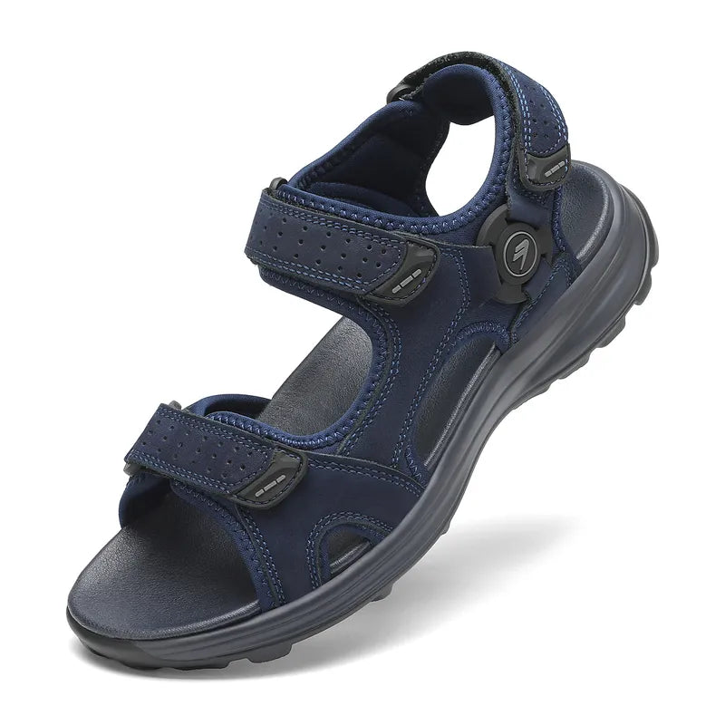 "Men's sport hiking sandals with anti-slip PU sole, black, open-toe, adjustable straps, breathable leather and mesh."