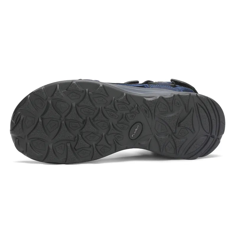 "Men's sport hiking sandals with anti-slip PU sole, black, open-toe, adjustable straps, breathable leather and mesh."