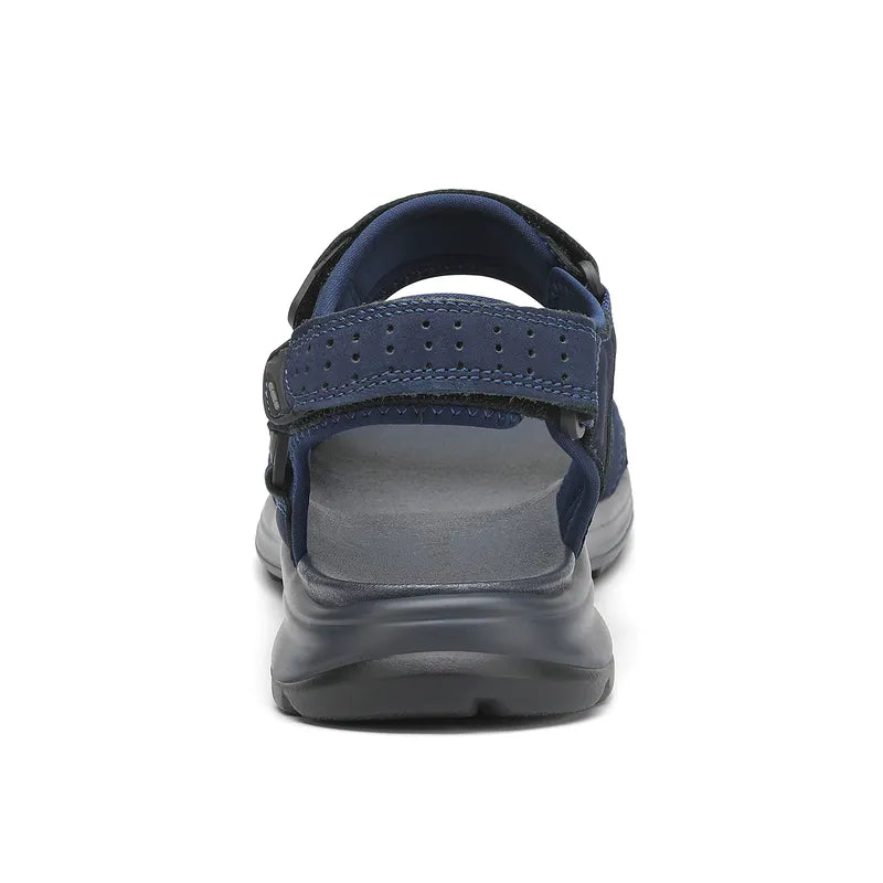 "Men's sport hiking sandals with anti-slip PU sole, black, open-toe, adjustable straps, breathable leather and mesh."