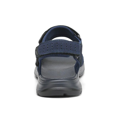 "Men's sport hiking sandals with anti-slip PU sole, black, open-toe, adjustable straps, breathable leather and mesh."