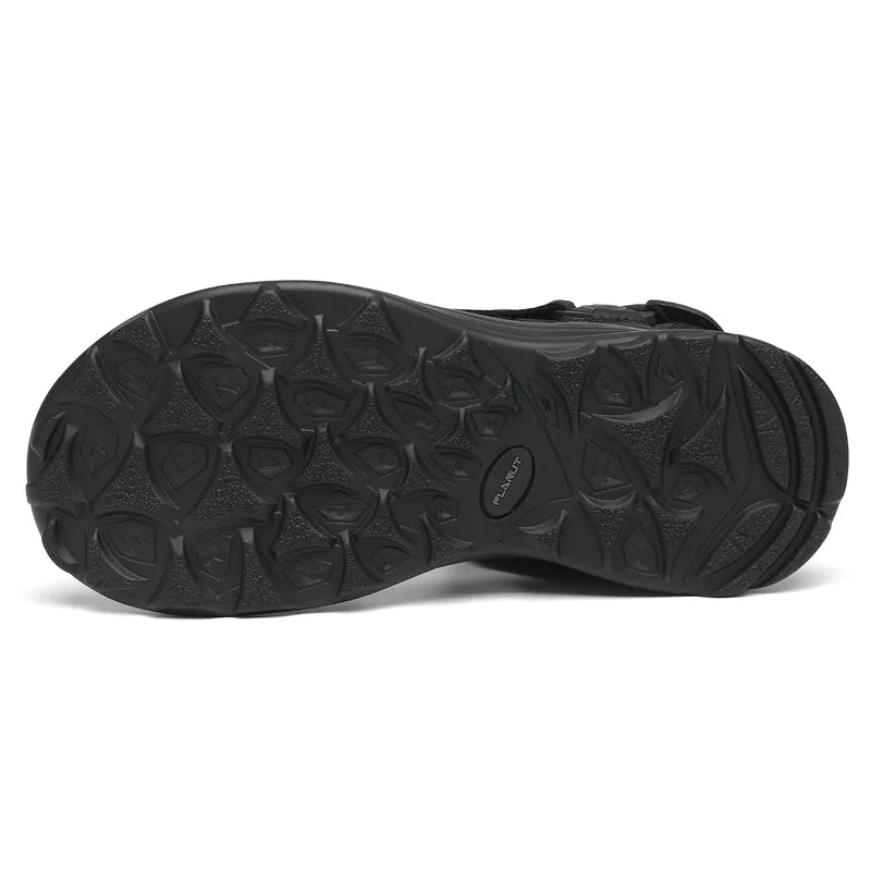 "Men's sport hiking sandals with anti-slip PU sole, black, open-toe, adjustable straps, breathable leather and mesh."
