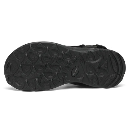 "Men's sport hiking sandals with anti-slip PU sole, black, open-toe, adjustable straps, breathable leather and mesh."