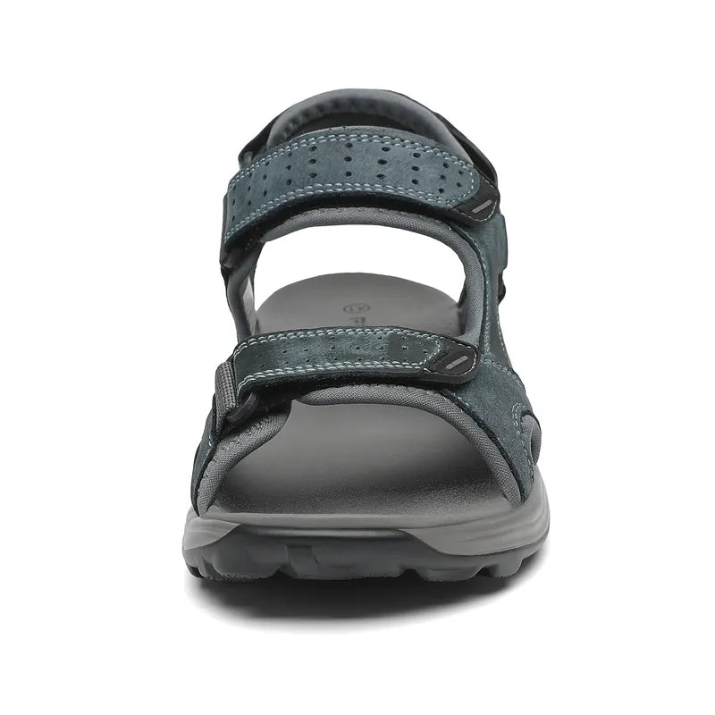 "Men's sport hiking sandals with anti-slip PU sole, black, open-toe, adjustable straps, breathable leather and mesh."