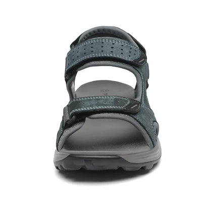 "Men's sport hiking sandals with anti-slip PU sole, black, open-toe, adjustable straps, breathable leather and mesh."