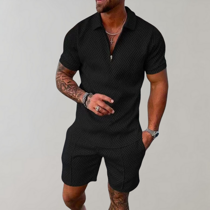 "Men's Summer Zip Polo Shorts Set, relaxed fit, short sleeves, zip-up collar, above-knee shorts, textured design."