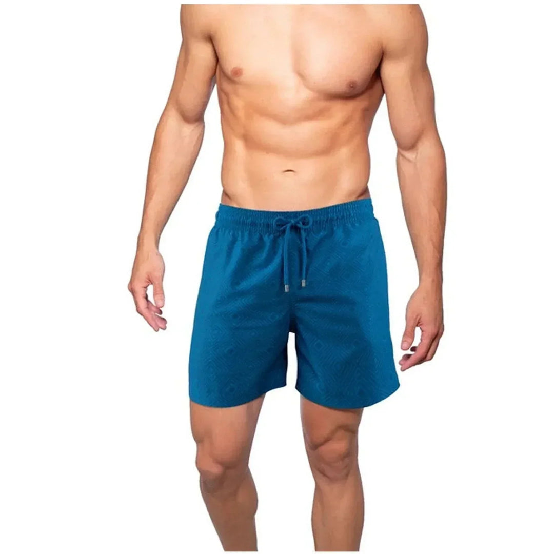 Men's 2-in-1 performance swim shorts for active outdoor sports. Quick-dry fabric and built-in compression for comfort.
