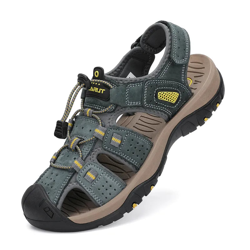 Men's waterproof closed-toe hiking sandals in taupe, featuring durable leather, non-marking sole, and secure toe protection.