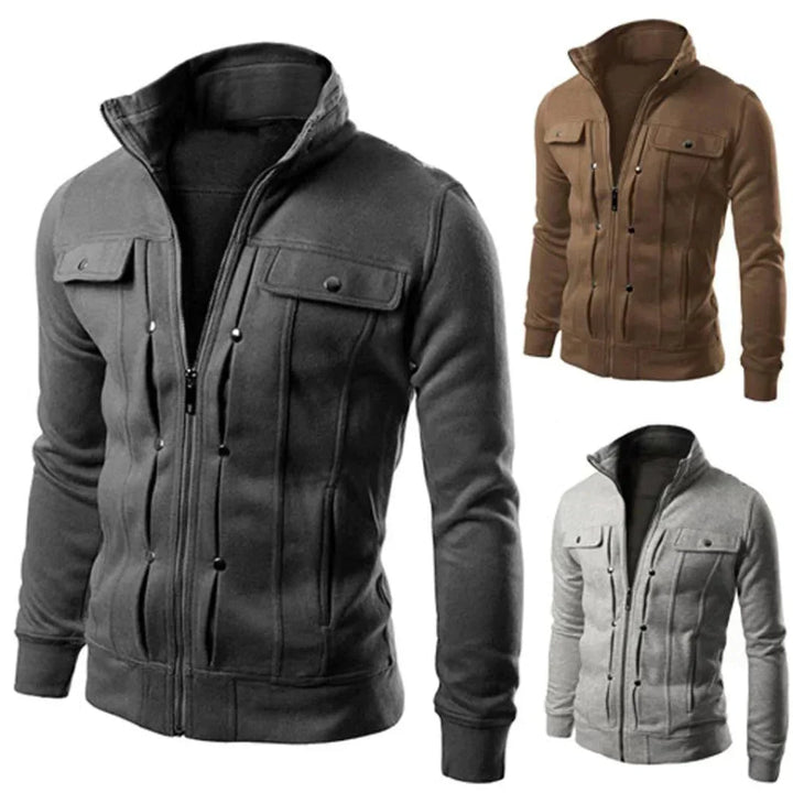 Modern men's zip-up stand collar jacket for versatile casual wear. Ideal for travel, leisure, spring & fall.